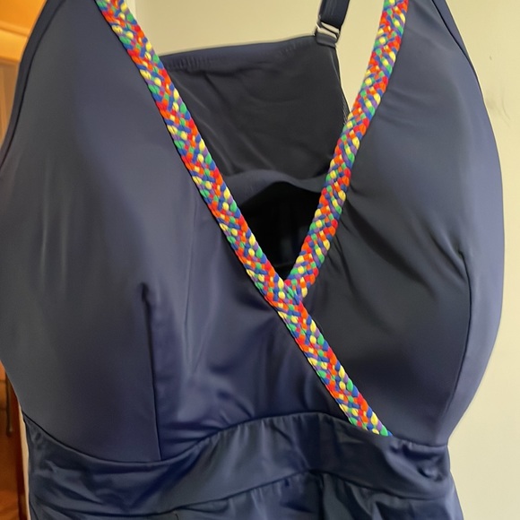 Swim by Cacique Lane Bryant navy ruffle swim top weaved rainbow trim - Picture 5 of 5